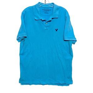 American Eagle Athletic Fit Polo Logo Shirt Mens L Turquoise Blue Y2K Preppy